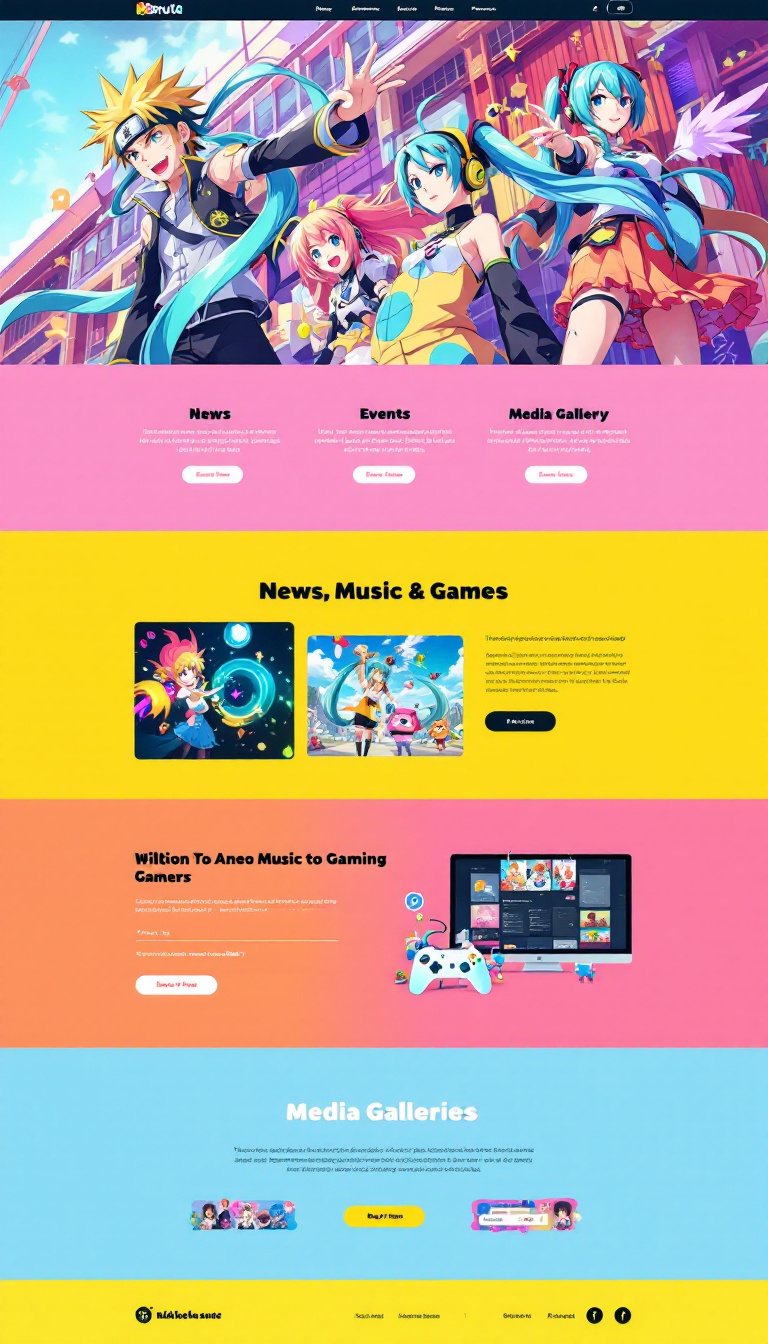 Create a vibrant one-page website for anime, music, and gaming enthusiasts aged 10 to 38. It should feature sections for news, events, and media galleries, utilizing a lively color scheme of pink, yellow, light blue, and orange, inspired by Miku Hatsune and Boruto.
