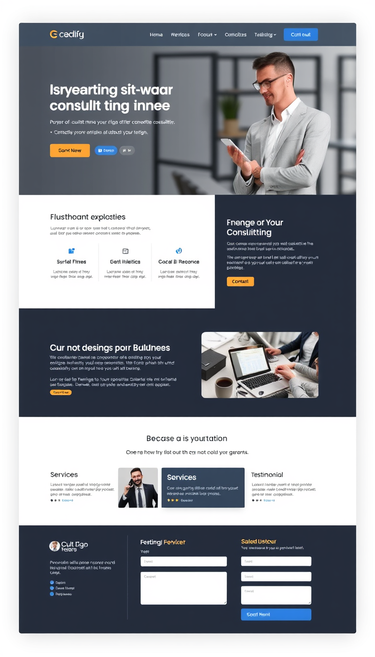 Create a website design for a consulting business that conveys professionalism and expertise, featuring a sleek layout and engaging visuals. Include sections for services, testimonials, and a contact form.