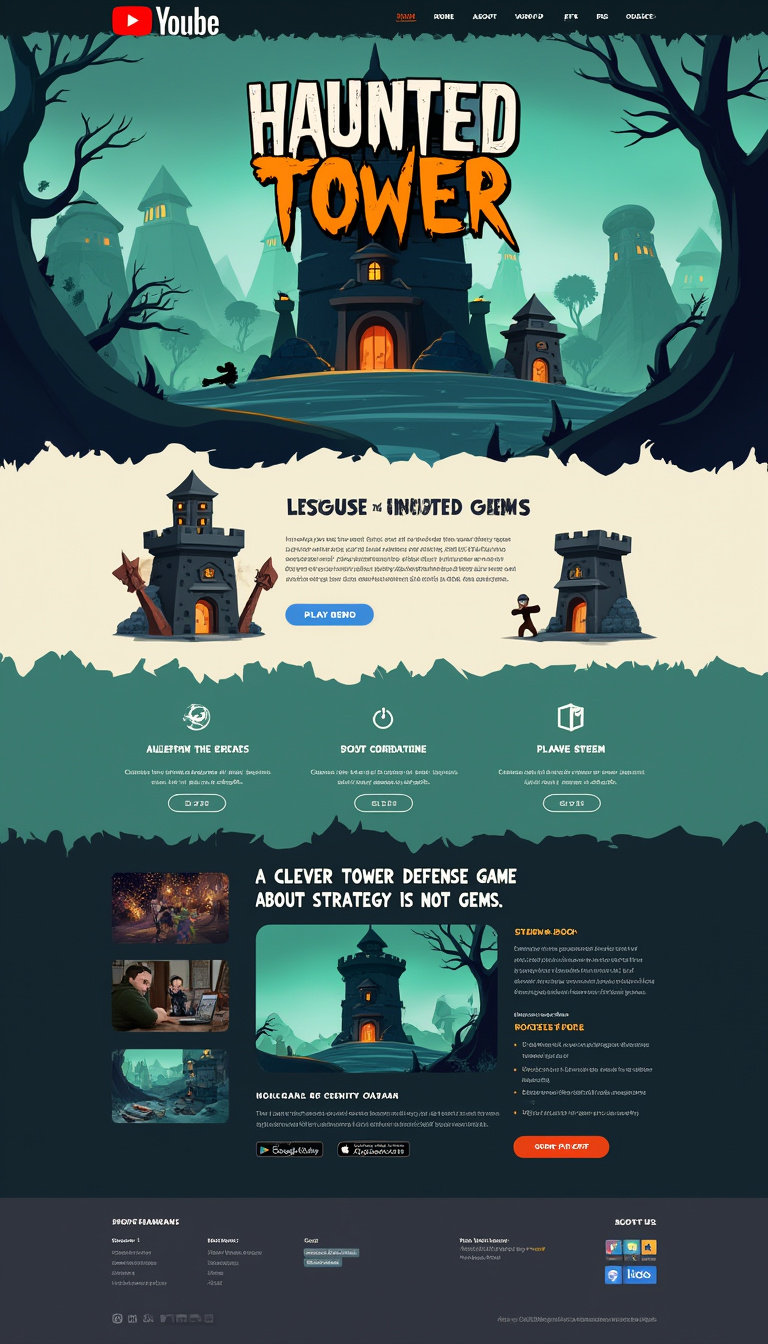 Design a one-page website for the tower defense game "Haunted Tower." Include sections for a playable demo, links to Google Play, Apple Store, and Steam, and feature the tagline: "A clever tower defense game about Strategy and not Gems."