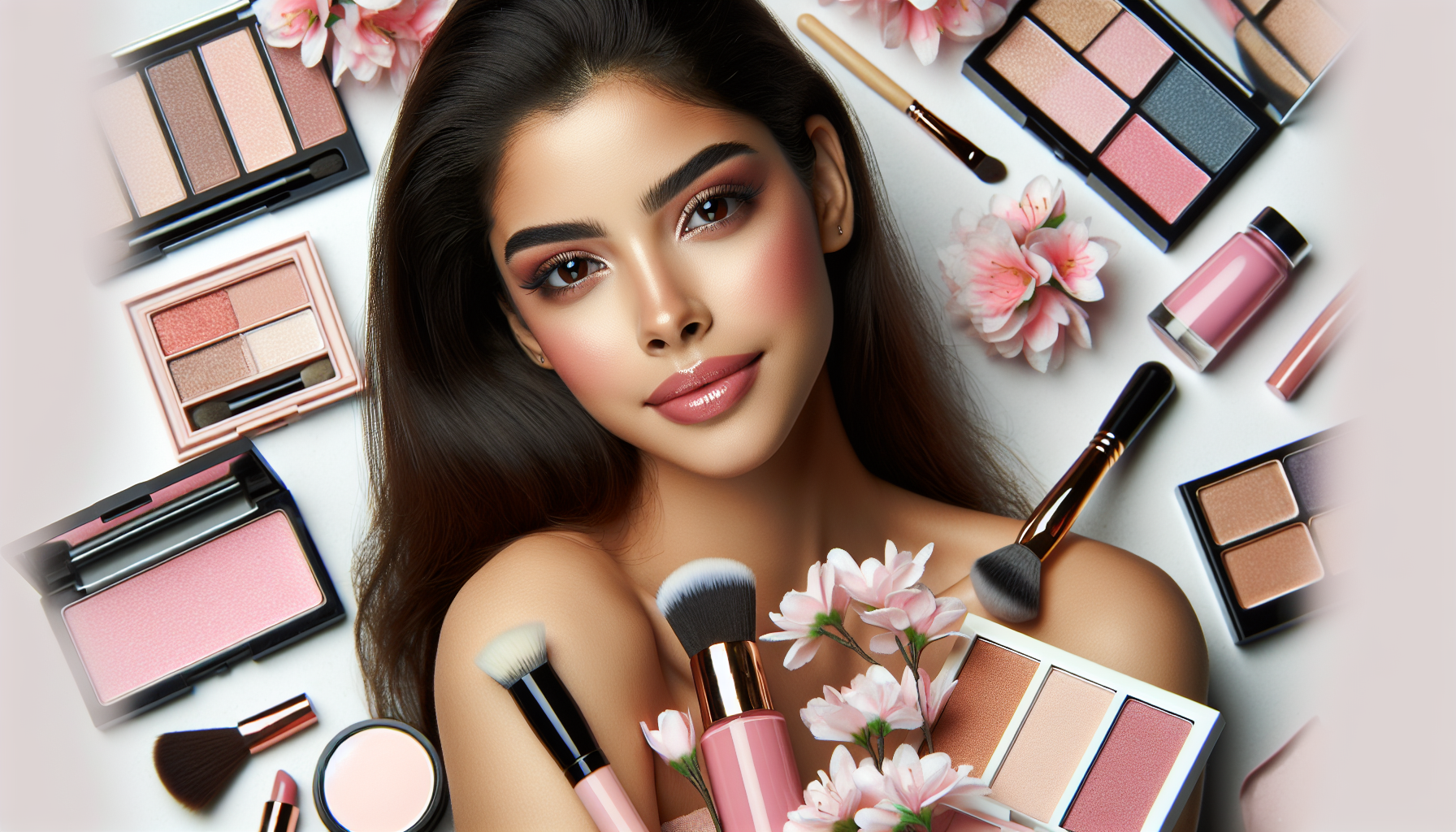 Joven modelo con maquillaje suave y radiante, rodeada de productos de maquillaje lindo y flores rosadas.