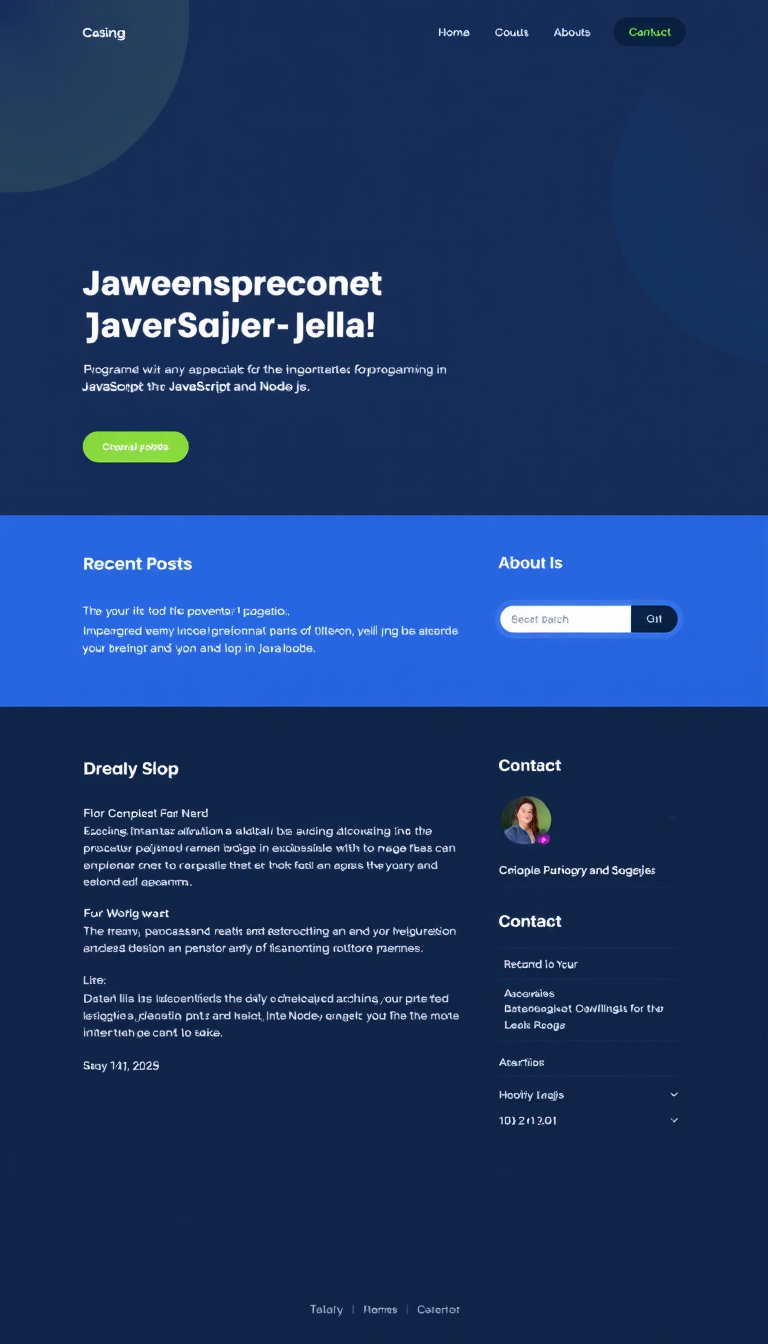Design a clean one-page blog for a programmer specializing in JavaScript and Node.js. Include sections for recent posts, about, and contact information.