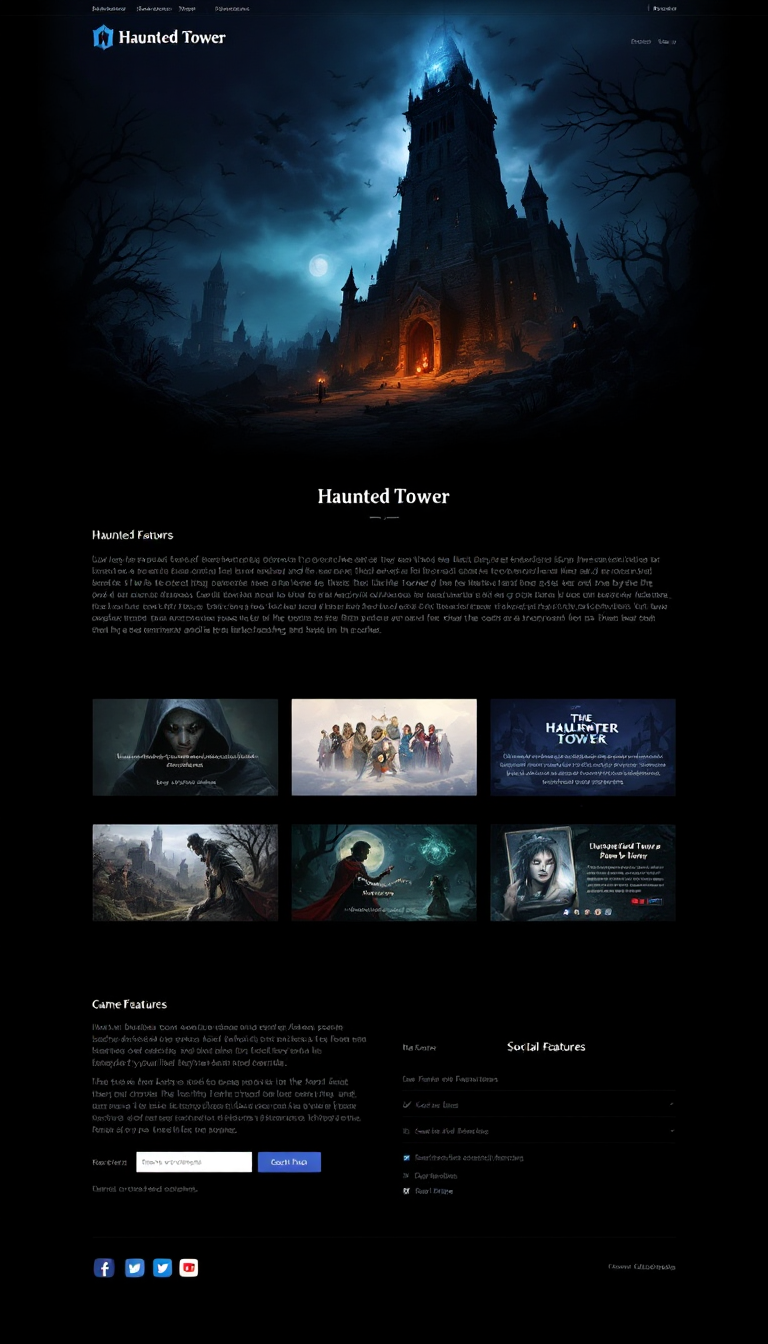 Design a simple one-page website for the game "Haunted Tower," featuring a captivating header, a brief description of the game, stunning visuals, and a call-to-action for players. Include sections for game features, screenshots, and social media links.