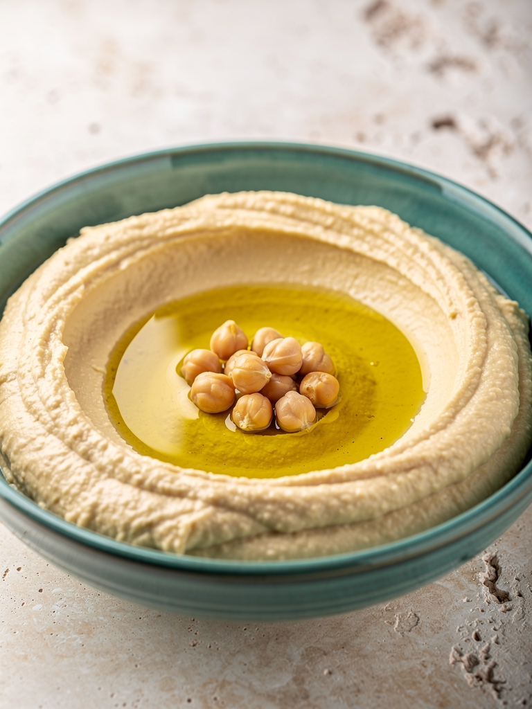 Extreme close-up of a premium hummus bowl. Handcrafted teal ceramic with traditional Levant glaze. Deep circular swirl in the center filled with bright golden olive oil and a cluster of whole chickpeas. Soft rim lighting to highlight the creamy, velvety texture. Neutral off-white stone background. Professional food photography, 85mm lens, sharp focus, vibrant natural colors. --ar 4:5 --v 6.0