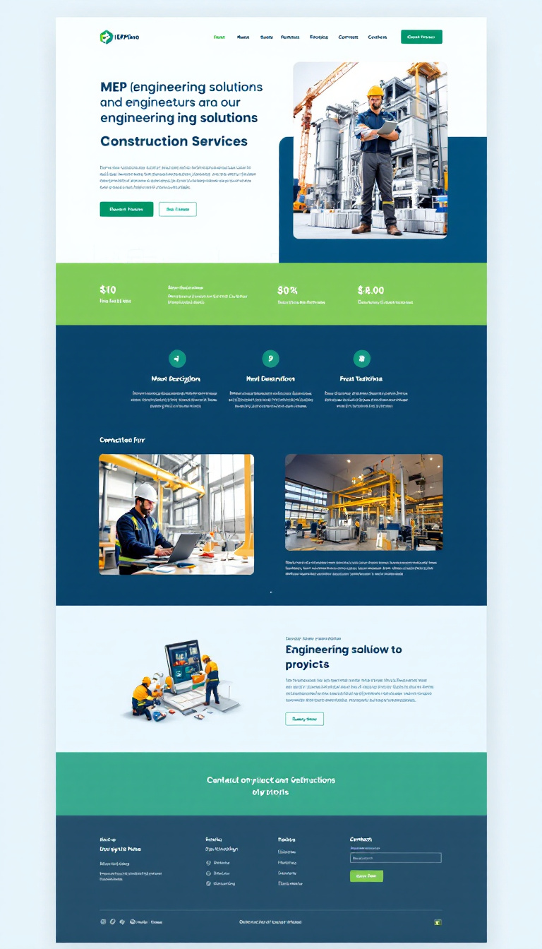Create a simple one-page website for MEP (Mechanical, Electrical, and Plumbing Services) that showcases their engineering solutions for construction projects. Include a clean navigation menu, a hero image slider, service descriptions, pricing options, customer testimonials, and a contact form, all with a professional design featuring a blue and green color palette.
