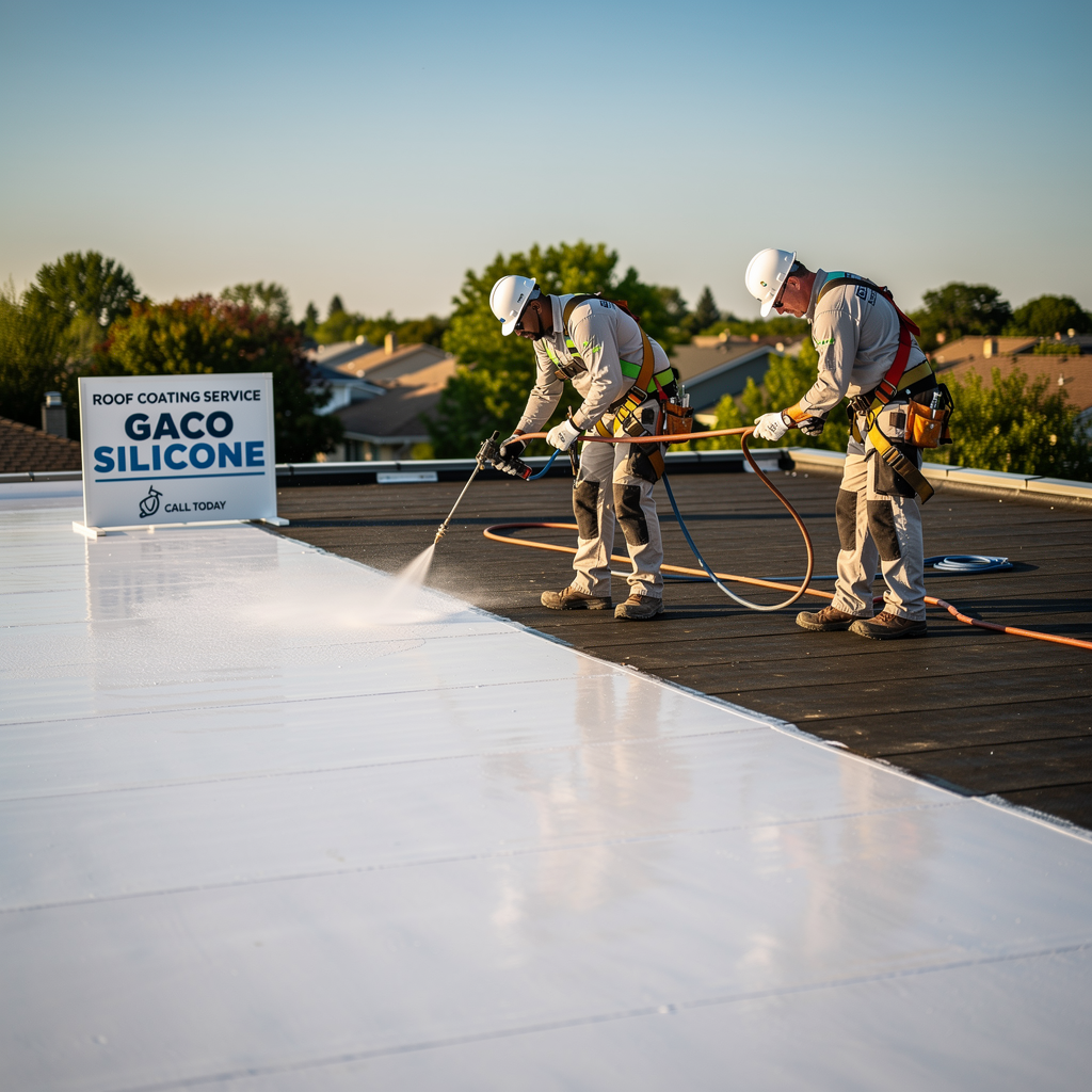image of workers spraying a roof with GACO for advertisting the service