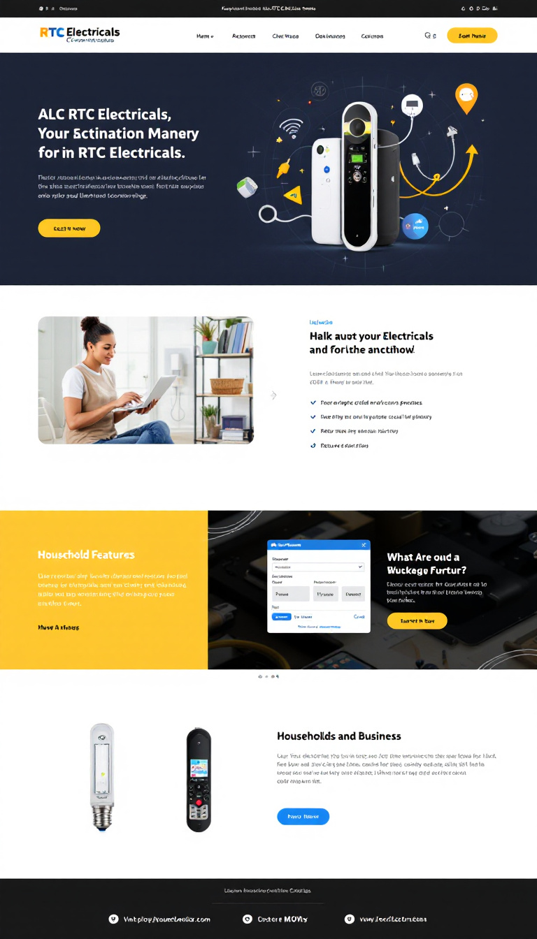 Design a one-page eCommerce website for RTC Electricals with a clean, user-friendly layout. Include essential features like a shopping cart, product search, filters, checkout process, user profile management, order history, and return page, making it suitable for both households and businesses.