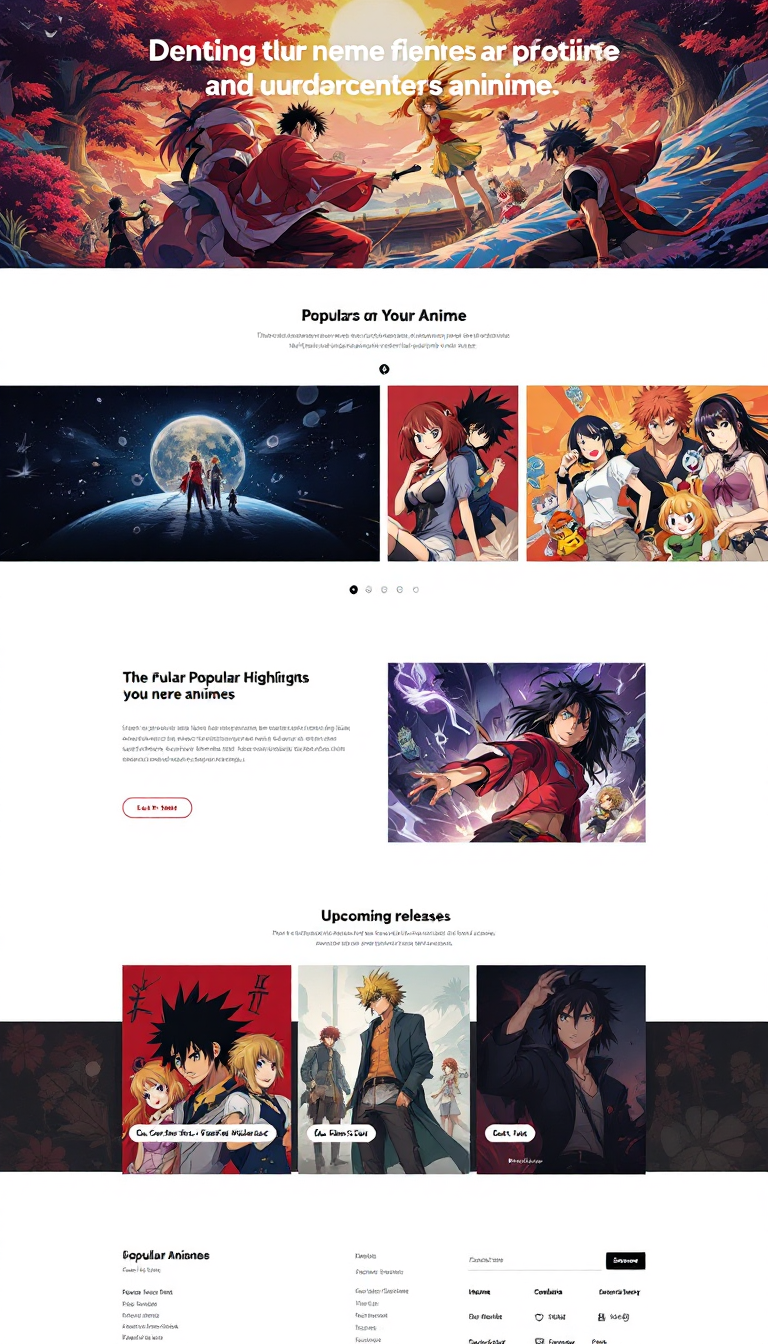 Design a simple one-page website centered around anime, featuring vibrant visuals and a user-friendly layout. Include sections for popular anime titles, character highlights, and upcoming releases.