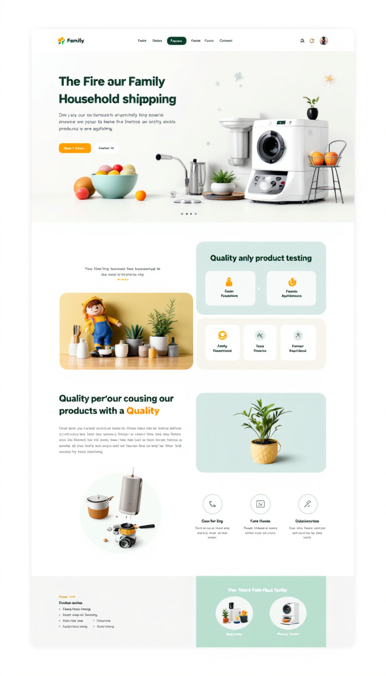 Design a clean, one-page website for a family-run dropshipping business that sells household products and appliances in India. Emphasize quality assurance through personal product testing and showcase the family-centric approach of the business.