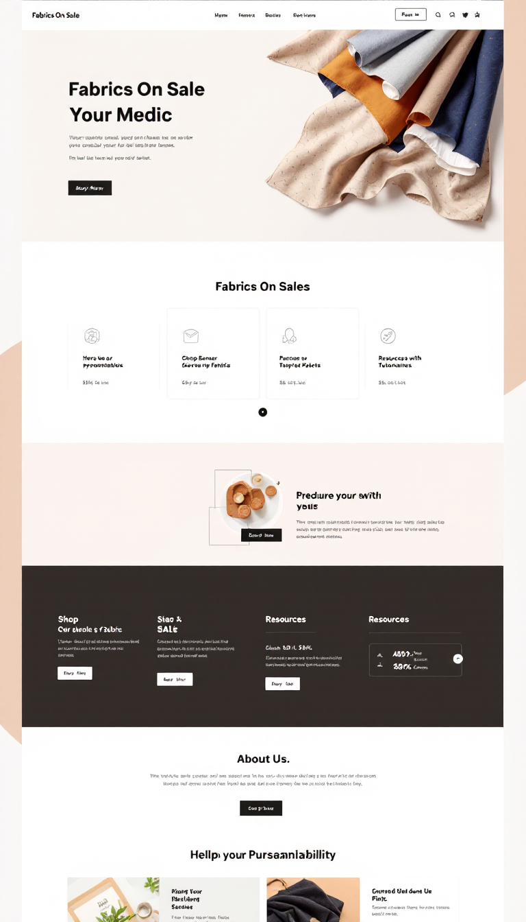 Design a modern one-page website for 'Fabrics On Sale' that features a bold yet neutral color palette. Include a hero banner for promotions, a shop section categorized by fabric types, a sale area for discounts, resources with tutorials, and an 'About Us' section focusing on sustainability, all while ensuring a seamless shopping experience.