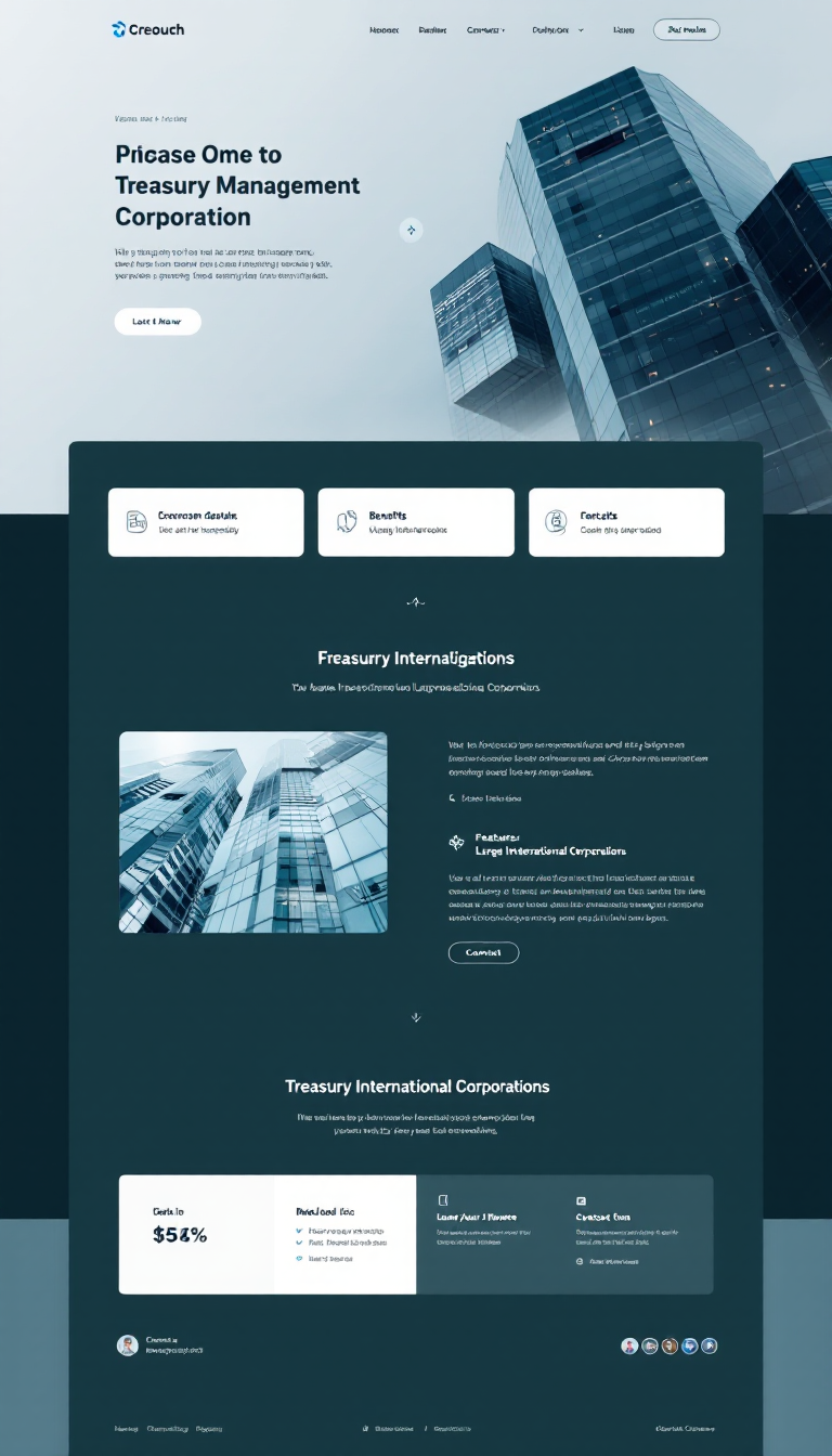 Design a clean, one-page website for a treasury management software targeted at large international corporations. Highlight features, benefits, and contact information in a professional and modern layout.