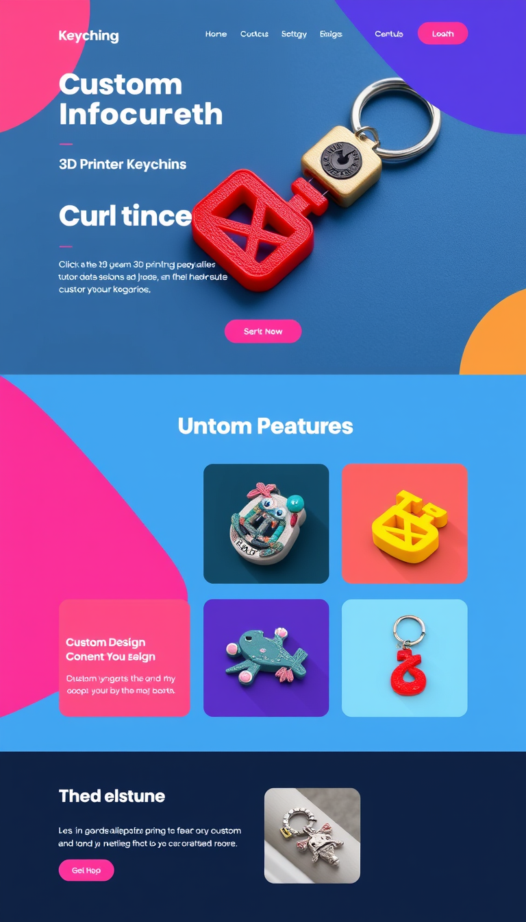 Design a modern, eclectic one-page website for a custom 3D printing keychain company, showcasing vibrant visuals and a unique, user-friendly layout. Highlight custom designs and features prominently to attract users.