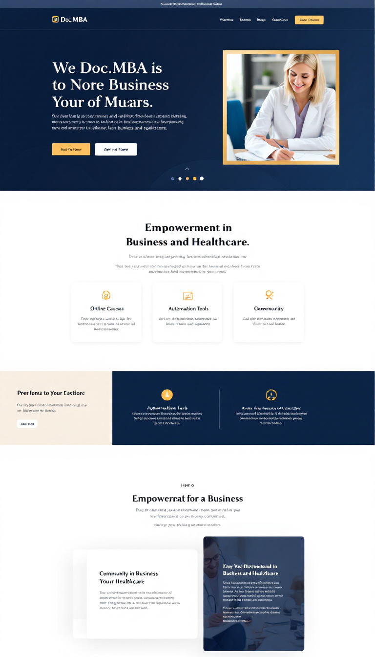 Design a one-page website for Doc.MBA, aimed at healthcare professionals and doctor entrepreneurs. The site should feature an elegant, modern aesthetic with a deep blue and gold color palette, showcasing core offerings like online courses, automation tools, and community engagement through concise sections and clear call-to-action buttons. Include intuitive navigation and an engaging hero section with a headline that communicates empowerment in business and healthcare.