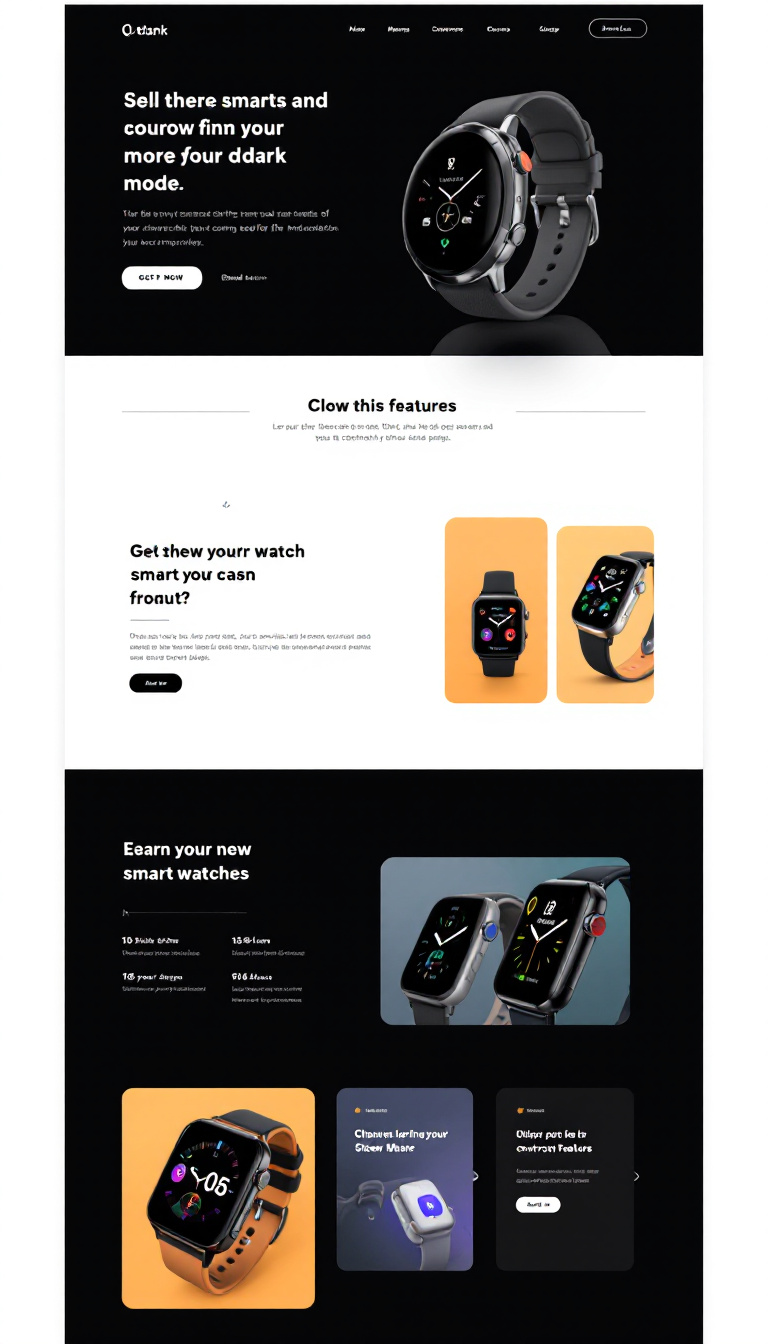 Create a modern dark mode landing page to sell smartwatches, featuring a clean design and simple animation effects for images. Focus on an attractive layout that highlights product features effectively.