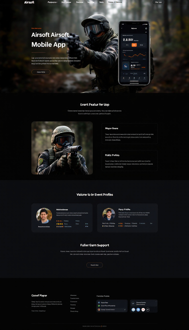 Design a one-page website for an airsoft mobile app that facilitates event organization and player interaction. Include features like attendance tracking, player statistics, public profiles, and GPS functionality for game support.