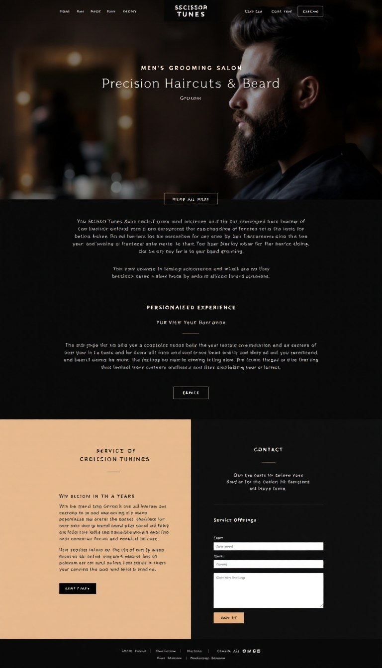 Design a clean, one-page website for SSCISSOR TUNES, a men's grooming salon emphasizing precision haircuts and beard grooming. Highlight 14 years of experience, personalized care, service offerings, and contact details, all presented in a minimalistic style to attract men of all ages.