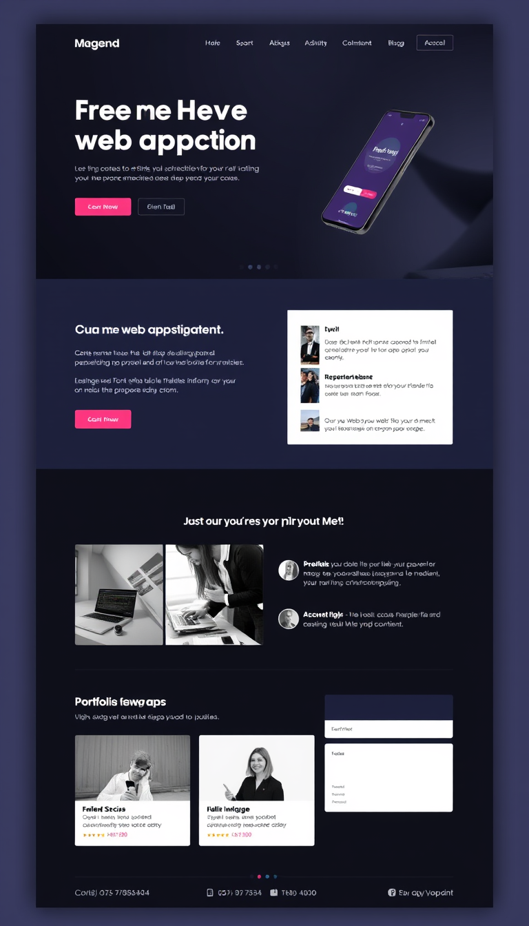 Design a one-page website for a freelance web app development business, featuring a professional layout, portfolio showcase, and contact information. Aim for a clean and modern aesthetic.