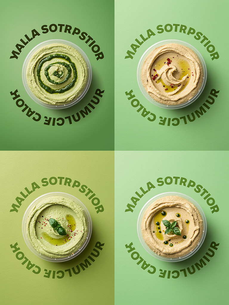 Create a clean, modern Instagram food graphic arranged in a four-quadrant grid layout (2x2). Each quadrant features a different hummus flavor presented in a shallow, round 12 oz clear deli-style hummus container. The containers must have no labels, logos, or branding — the hummus itself and the toppings are the visual focus.
The overall design style should feel fresh, modern, minimal, and playful, similar to contemporary food brand social media posts. The layout is perfectly symmetrical and balanced, optimized for a 1:1 Instagram square format.
Overall Composition
The canvas is divided into four equal quadrants:
Top-left
Top-right
Bottom-left
Bottom-right
Each quadrant contains:
• A solid color background with a soft matte texture
• A single hummus container centered in the frame
• Repeated curved text in the background naming the flavor
• Lighting that creates soft shadows under the container
The containers are clear shallow round plastic hummus containers (12 oz) with smooth rounded edges and a slightly frosted rim, filled to the top with creamy hummus.
The hummus surface should be beautifully styled with toppings specific to each flavor.
No lids visible. No labels.
Lighting
Lighting should be soft studio lighting designed for modern food branding.
Characteristics:
• Light coming from top left
• Gentle soft shadow under each container
• Slight highlights on the hummus surface
• No harsh reflections
• Even brightness across all quadrants
The hummus should look creamy, rich, and appetizing with visible texture.
Typography Style in Background
Behind each hummus container, the flavor name is repeated multiple times in a curved circular pattern, radiating outward behind the container.
The text:
• Uses a bold, modern sans-serif font
• Slightly darker shade than the background color
• Repeated 5–7 times
• Slight arc or wave pattern
The background text should be subtle but visible, creating movement and energy.
Quadrant Details
Top Left — Yalla Pesto
Background color:
A soft fresh basil green gradient.
Container contents:
Smooth hummus tinted light green from basil pesto.
Topping details:
• Swirls of deep green basil pesto
• Small basil leaves
• Light drizzle of olive oil
• A few pine nuts
Texture should look herbaceous, fresh, Mediterranean-inspired.
Background repeating text:
"Yalla Pesto"
Repeated in a curved pattern behind the container.
Top Right — Baba's Bhaji
Background color:
A soft warm tomato-beige color, inspired by roasted tomatoes.
Container contents:
Classic creamy beige hummus.
Topping details:
• Roasted cherry tomatoes
• Small parsley leaves
• Light olive oil drizzle
• A sprinkle of cracked black pepper
The tomatoes should look glossy and roasted, adding bright color contrast.
Background repeating text:
"Baba's Bhaji"
Repeated behind the container in a circular pattern.
Bottom Left — Habibi Heat
Background color:
A warm muted chili-red / paprika tone.
Container contents:
Classic hummus base.
Topping details:
• Bright red chili oil swirl
• Red pepper flakes
• Tiny sliced red chilies
• Olive oil highlights
The chili oil should create a dramatic swirling pattern on the hummus surface.
Background repeating text:
"Habibi Heat"
Repeated behind the container in curved lines.
The overall vibe should feel bold, spicy, and energetic.
Bottom Right — Tahini Twist
Background color:
A soft toasted sesame beige.
Container contents:
Creamy hummus with a slightly lighter tahini tone.
Topping details:
• Golden sesame oil drizzle
• Toasted sesame seeds
• Small tahini swirl pattern
• Optional pinch of sumac or sesame crumble
The hummus should look rich, nutty, and silky smooth.
Background repeating text:
"Tahini Twist"
Repeated behind the container in a circular pattern.
Container Styling
All containers should be:
• Shallow round 12 oz deli-style containers
• Transparent plastic
• Slight lip at the rim
• Filled close to the top
• Smooth hummus swirl pattern before toppings
The containers must be:
NO LABELS
NO BRAND NAME
NO STICKERS
Camera Angle
Camera perspective:
• Direct front-facing shot
• Slight top-down angle (about 20°)
• Containers centered in each quadrant
• Minimal depth distortion
Texture and Detail
The hummus texture should appear:
• Creamy
• Thick
• Smooth but slightly rustic
• Spreadable
Toppings should look fresh and vibrant, with visible oil gloss.
Visual Vibe
The final image should feel:
• Fresh
• Modern food brand
• Playful but minimal
• Mediterranean-inspired
• Social-media optimized