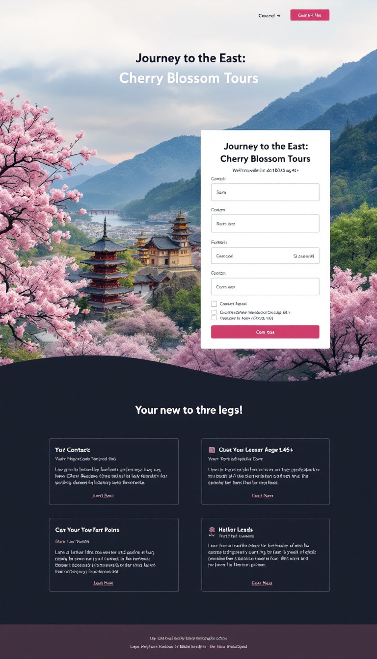 Design a clean and modern landing page for "Journey to the East: Cherry Blossom Tours," aimed at well-travelled individuals aged 45+. Include a prominent contact number, a booking form, and links to various tour options to capture leads effectively.