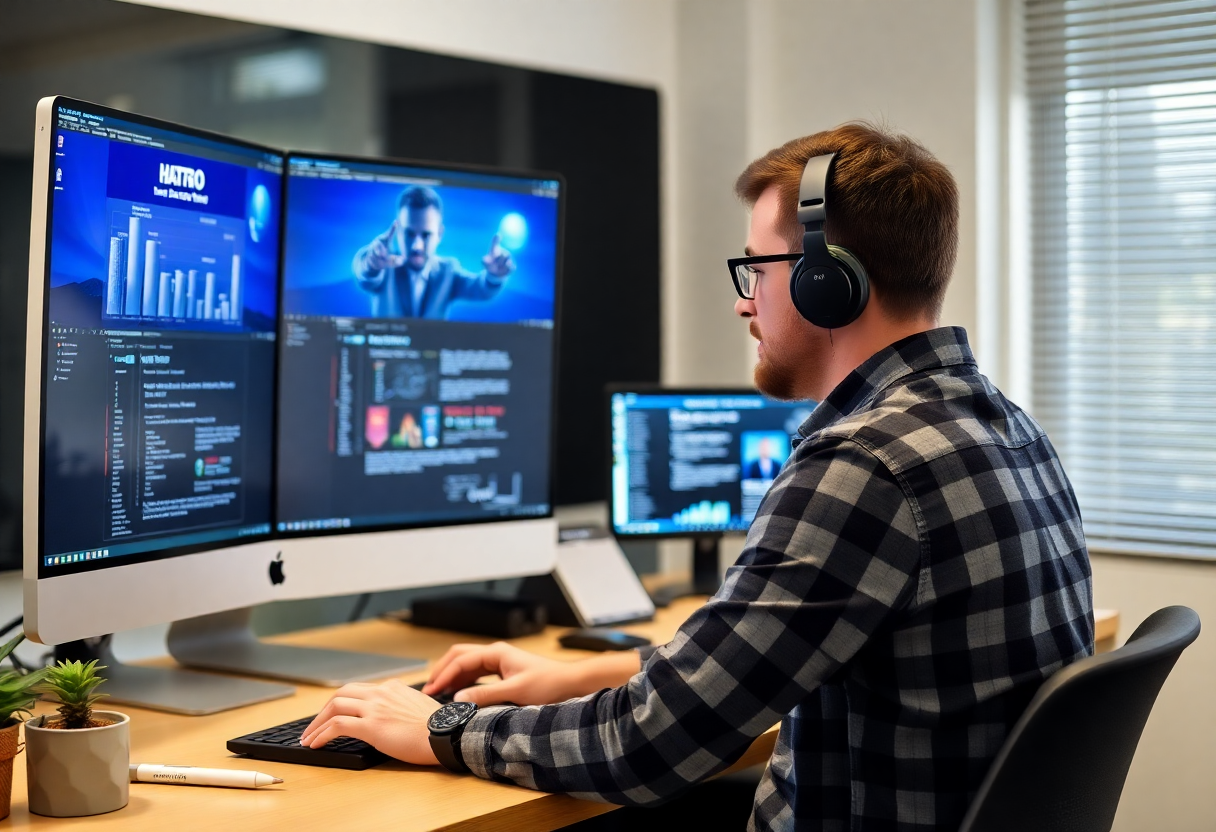 web developer working on multiple screens with modern setup