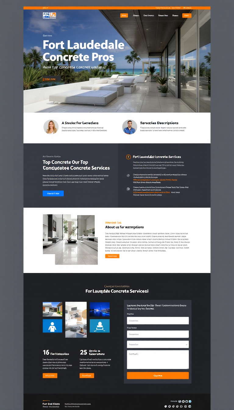 Create a one-page website for "Fort Lauderdale Concrete Pros" showcasing their top concrete services. The design should feature a modern, clean layout with a hero section for a prominent call to action for free quotes, a brief about us, service descriptions, a testimonials section, and a contact form, all optimized for SEO while reflecting the local Fort Lauderdale aesthetic.