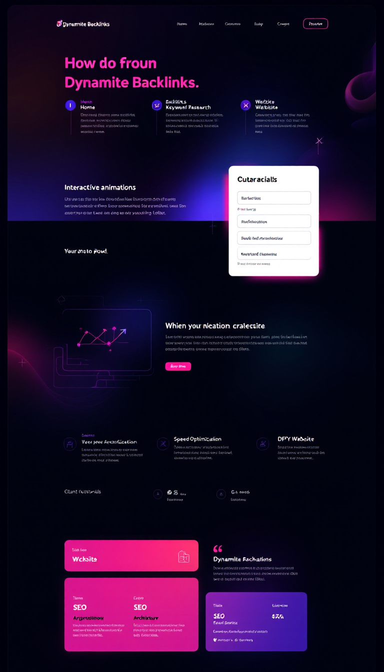 Design a sleek one-page website for 'Dynamite Backlinks' featuring a modern parallax layout in dark mode with neon accents. Include interactive animations and sections for home, SEO (with a dropdown for Backlinks, Keyword Research, Architecture), and Website (with a dropdown for Speed Optimisation, SEO Setup, DFY Website), along with prominent testimonials and client logos.