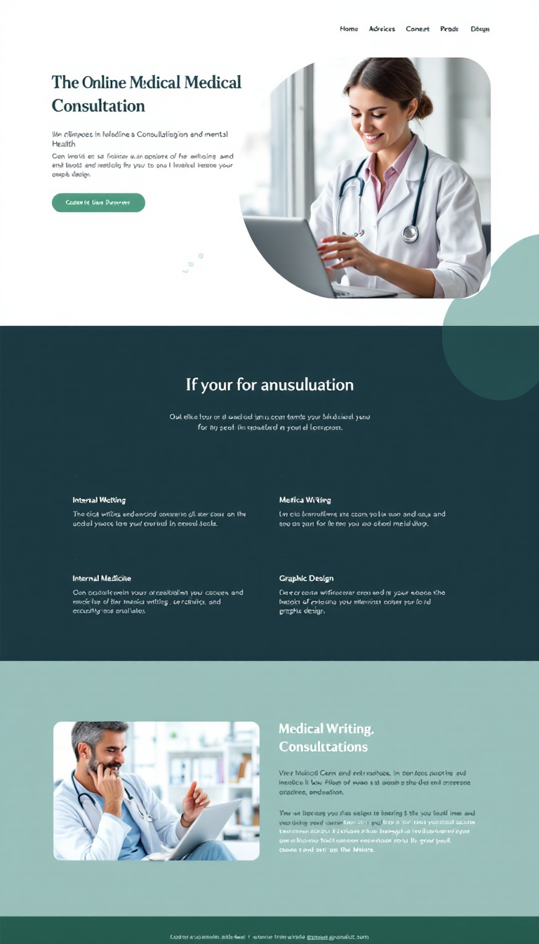 Create a simple and clean one-page website for an online medical consultation business specializing in internal medicine and mental health, offering services in medical writing, research, and graphic design. The design should convey professionalism and approachability.