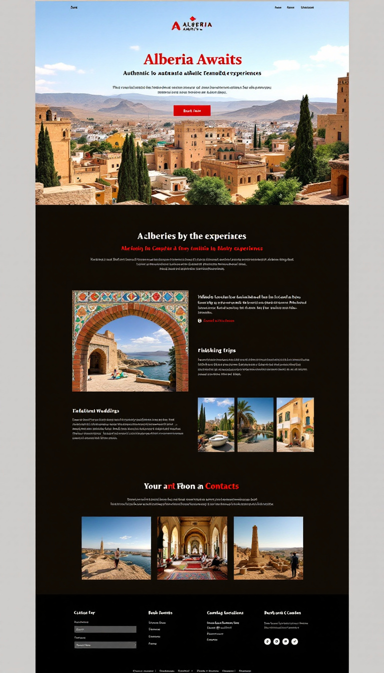 Design a simple, one-page mobile-friendly website for 'Algeria Awaits,' a travel agency showcasing authentic Algerian experiences. Incorporate elements inspired by traditional ceramic tiles, emphasizing offerings like fishing trips, traditional weddings, and tours of the Casbah and Roman ruins, along with a booking form and contact section.