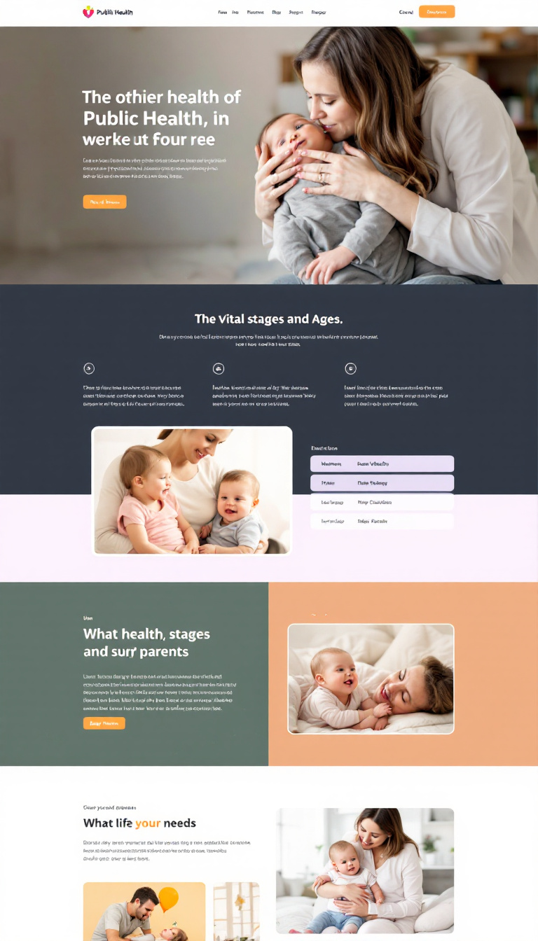 Create a simple one-page website design focused on public health, highlighting the vital stages and ages of children, mothers, and parents. The layout should be clean and easy to navigate, with sections dedicated to each life stage and their health needs.