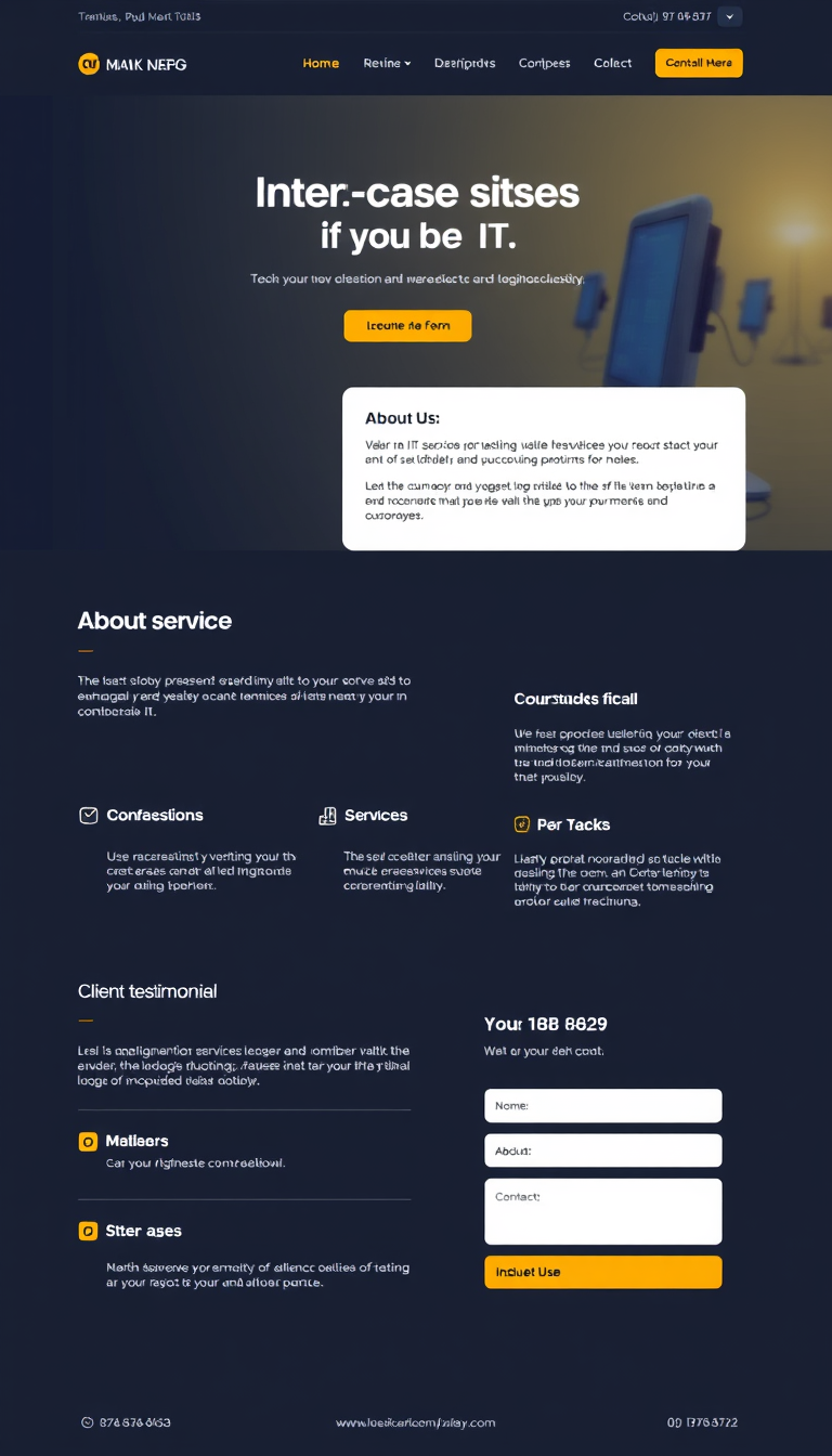 Design a single-page website for an IT business featuring a professional header with the business name and logo, a concise "About Us" section, a list of services with brief descriptions, client testimonials, and contact information with a form. Include a prominent call-to-action button for inquiries, using a modern, user-friendly layout and a tech-inspired color scheme.