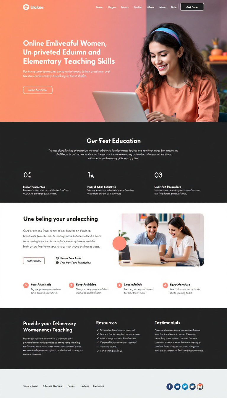 Create a simple one-page website design focused on providing online education to unprivileged women, aimed at helping them gain elementary teaching skills for their children. The layout should be clean and inviting, highlighting resources, testimonials, and easy navigation.