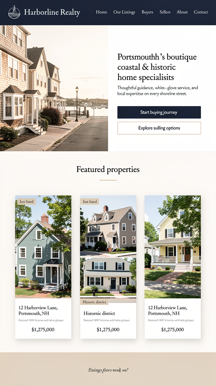 One-page homepage design for Harborline Realty, a boutique Portsmouth, NH brokerage specializing in coastal and historic homes—elegant, calm, premium layout in deep navy, sand, and white with refined serif headlines and clean sans-serif body text. Show a coastal hero with subtle historic-home photography and logo, concise boutique positioning, featured properties teaser grid, buyer and seller entry CTAs, a small four‑agent/white‑glove blurb, and a simple contact/footer with generous white space.