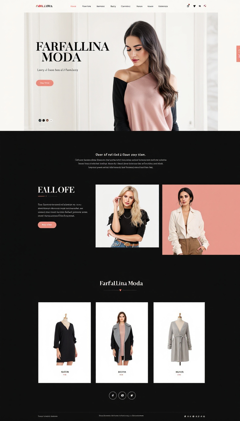 Crea un design per un sito web semplice e pulito per "Farfallina Moda", un marchio di abbigliamento femminile. Includi elementi eleganti e femminili che riflettano lo stile contemporaneo del marchio.