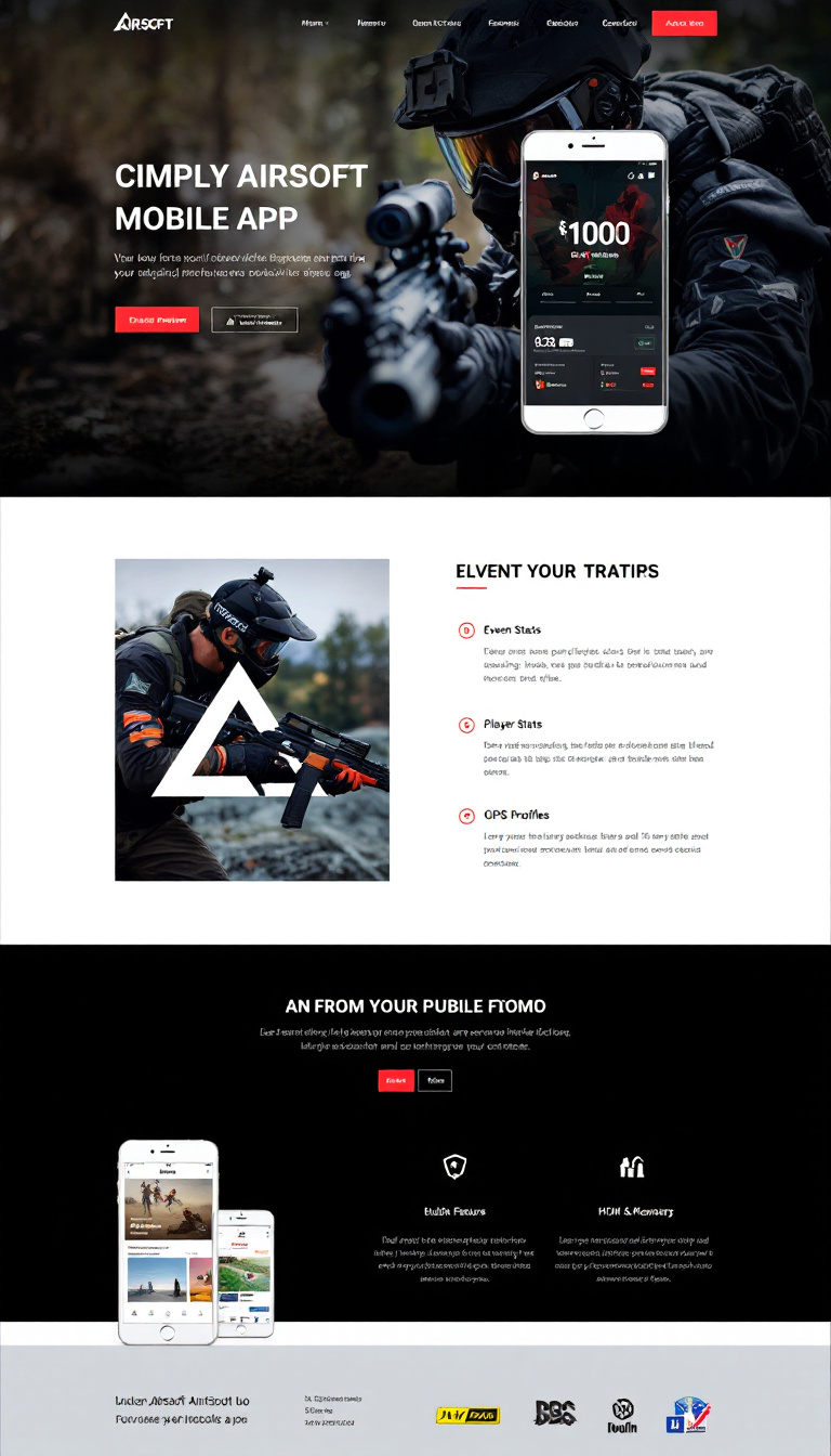 Design a simple one-page website for an airsoft mobile app that features event tracking, player stats, public profiles, and GPS functionality. Emphasize a clean layout that highlights app features and encourages user engagement.