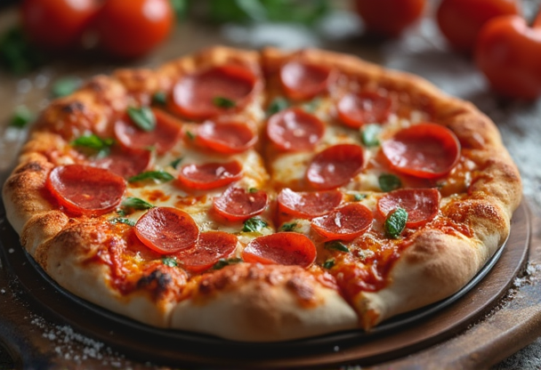 Delicious pepperoni pizza with melted cheese and fresh toppings from Blue Moon Pizza