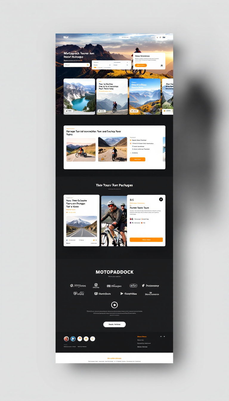Design a simple one-page website for "Motopaddock," a tour and package business tailored for bikers. The layout should be clean and visually appealing, showcasing biking tours and packages.