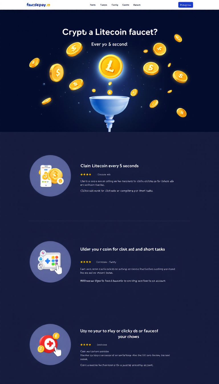 Design a clean one-page crypto faucet website where users can claim Litecoin every 5 seconds and earn rewards for clicking ads or completing short tasks. Include functionality for users to withdraw their earnings to a faucetpay.io account and simulate the backend operations.