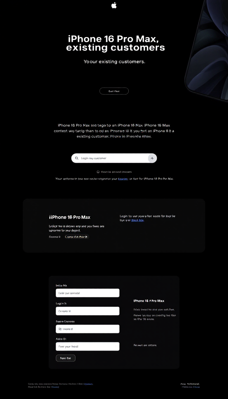 Design a clean one-page website for an iPhone 16 Pro Max contest targeting existing customers. Include a simple login section with Apple ID and a registration form for an upcoming iPhone 16 Pro Max event.