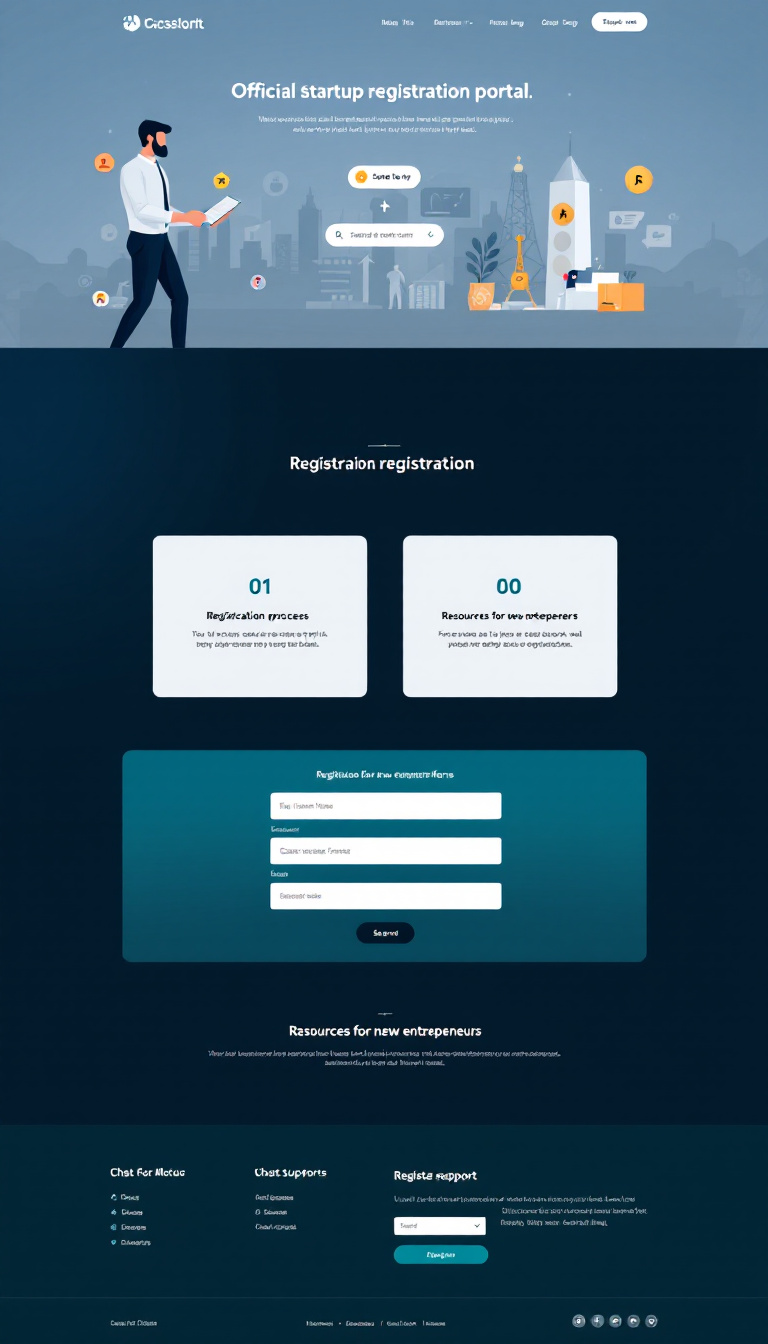 Design a clean and simple one-page website for an official startup registration portal that promotes efficiency and transparency. Include sections for the registration process, resources for new entrepreneurs, a user-friendly registration form, and chat support for assistance.