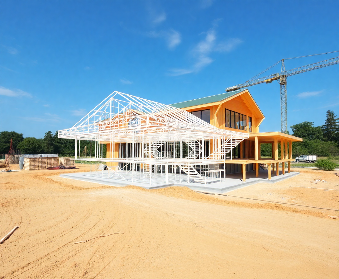 structural design blueprint overlaid on a modern building construction site