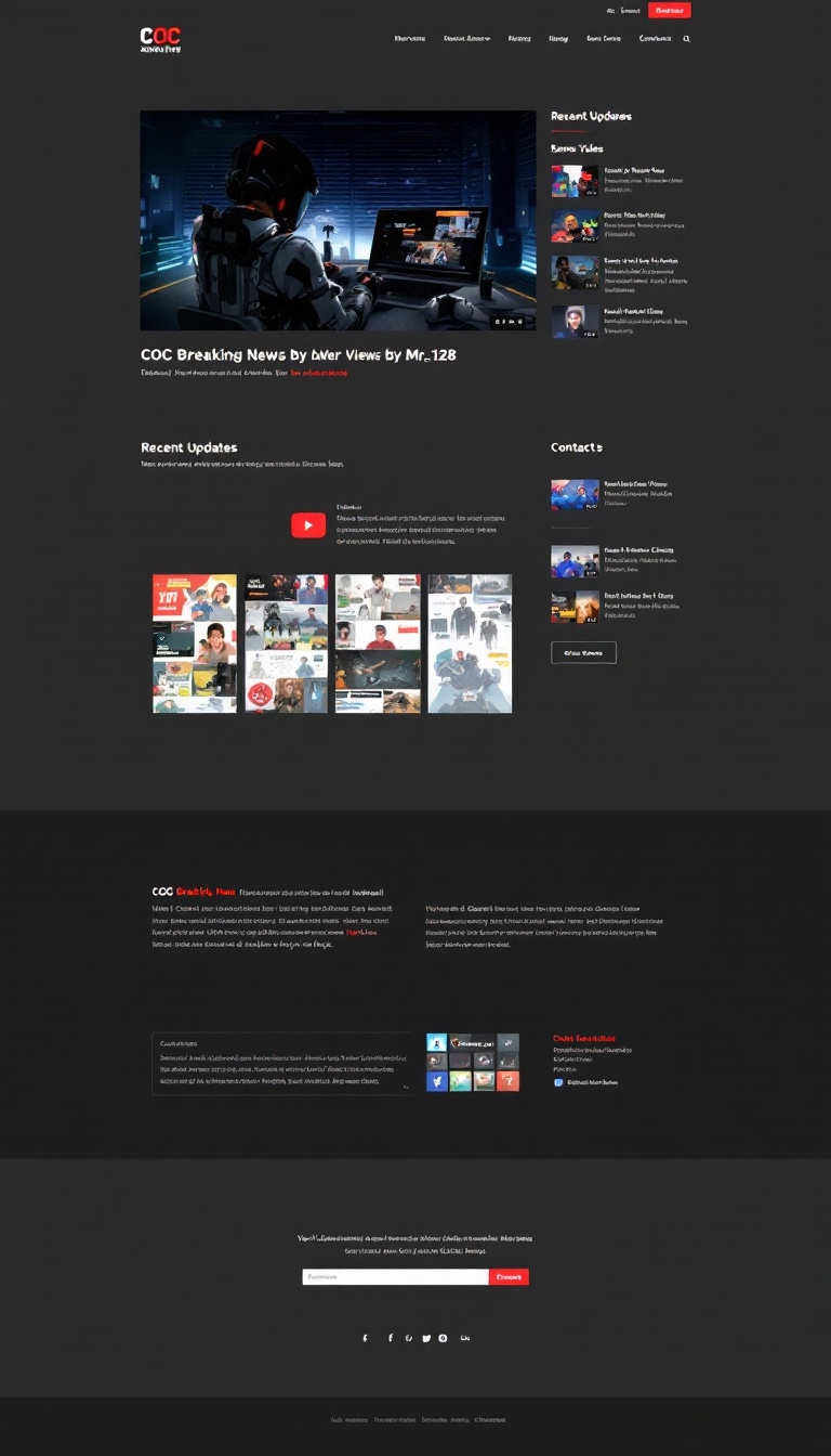 Design a one-page website for the gaming channel 'COC Breaking News by Mr_128,' featuring sections for recent updates, embedded YouTube videos, contact information, and social media links. The layout should be simple and user-friendly, with a cohesive color scheme that reflects the YouTube channel branding, catering to gamers seeking updates and rewards.