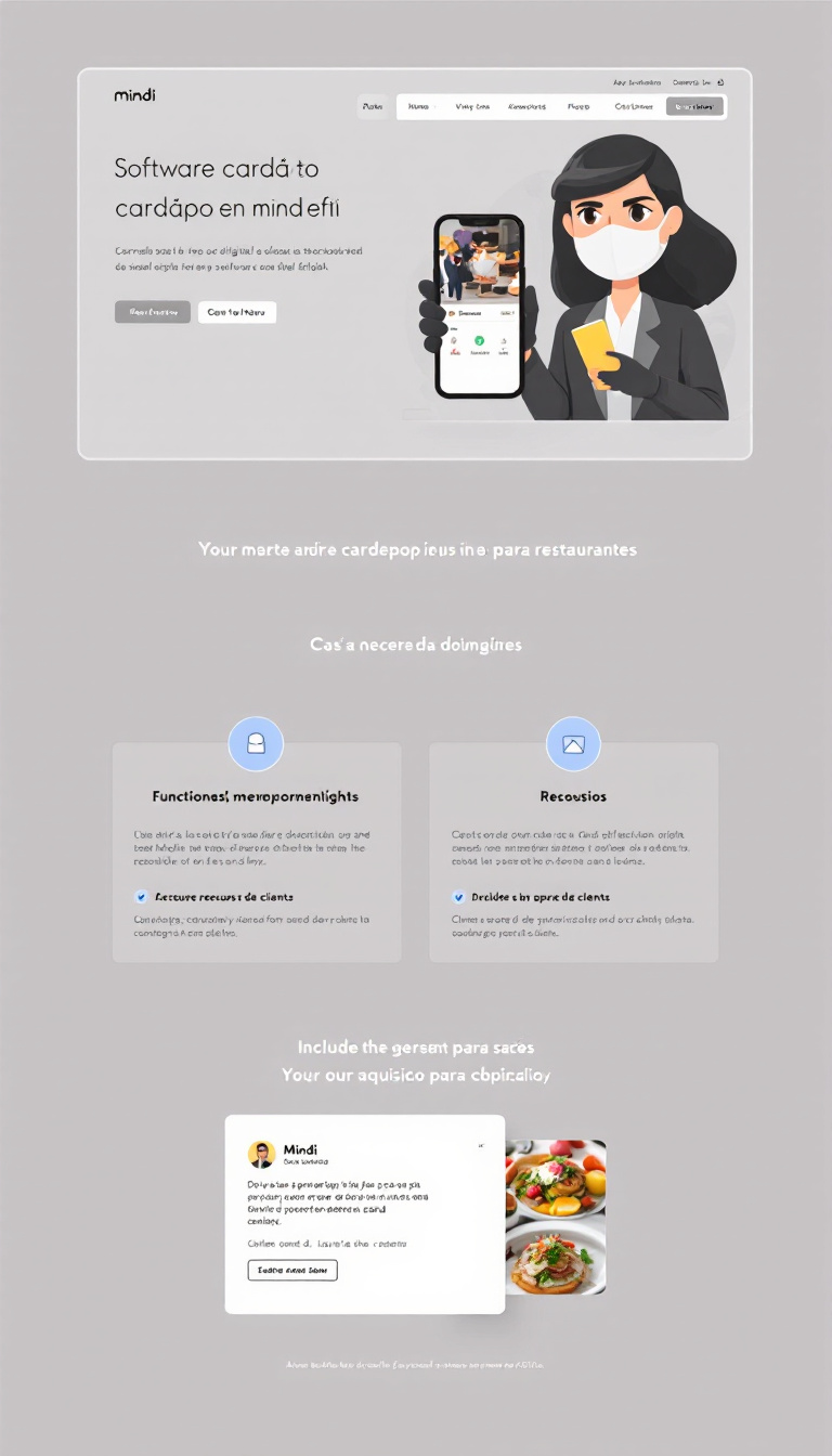 Crie um site elegante e minimalista para o software de cardápio digital Mindi, destacando suas funcionalidades e benefícios para restaurantes. Inclua seções sobre recursos, depoimentos de clientes e uma chamada para ação para aquisição do software.