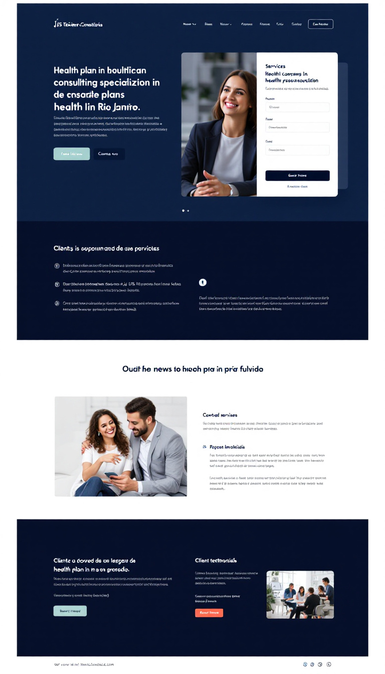 A simple, clean one-page website design for Js Teixeira Consultoria, specializing in health plan consulting in Rio de Janeiro. The layout should feature a professional look with sections for services, contact information, and client testimonials.