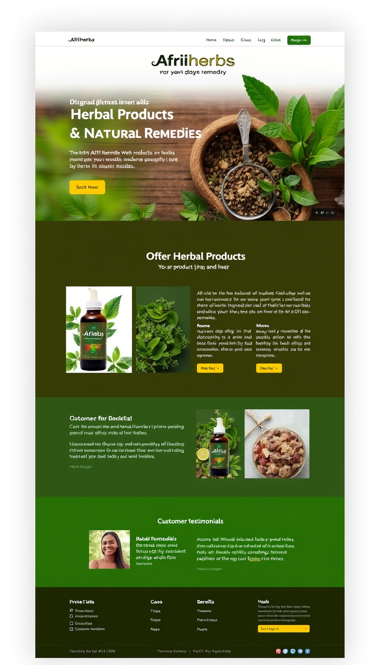 Design a simple and clean one-page website for Afriherbs, showcasing their herbal products and natural remedies. Include sections for product highlights, benefits, and customer testimonials.