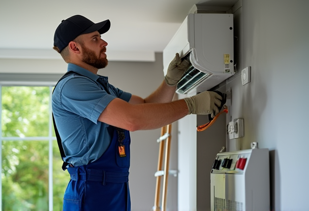Professional HVAC technician installing air conditioning unit in modern home