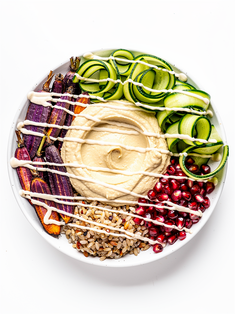 Vibrant Mediterranean grain bowl. Large scoop of Zaaki hummus as the centerpiece. Surrounded by roasted purple carrots, bright green cucumber ribbons, and fresh pomegranate pearls. Drizzled with white tahini. High-saturation colors, clean white background. Healthy lifestyle aesthetic. High resolution