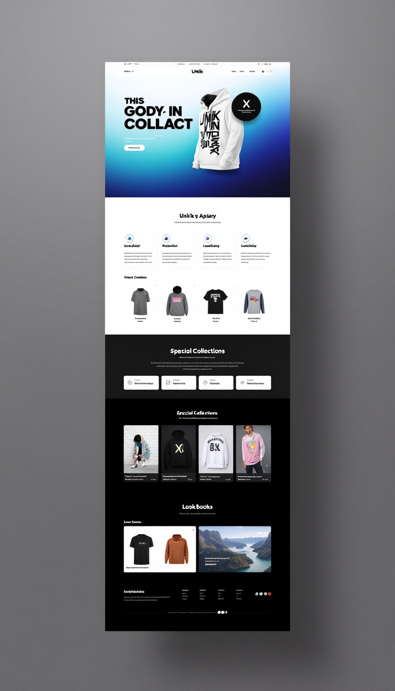 Design a one-page website for Unik Apparel that features a clean white background and a turquoise blue gradient logo. Include an image gallery with a black background to showcase products, interactive buttons that turn black on hover, and responsive design for mobile and tablet. The site should have sections for product categories, special collections, a lookbook or blog, cart functionality, and links to social media, all with subtle animations for an engaging user experience.