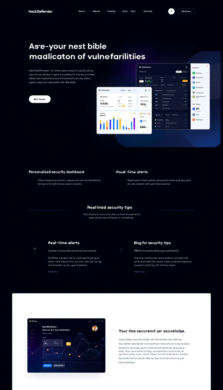 Design a one-page website for HackDefender, a user-friendly platform for real-time tracking of vulnerabilities. It should feature a personalized security dashboard, real-time alerts, a visual tracker, and a blog for security tips, all wrapped in a professional dark branding theme that emphasizes accessibility and trustworthiness.