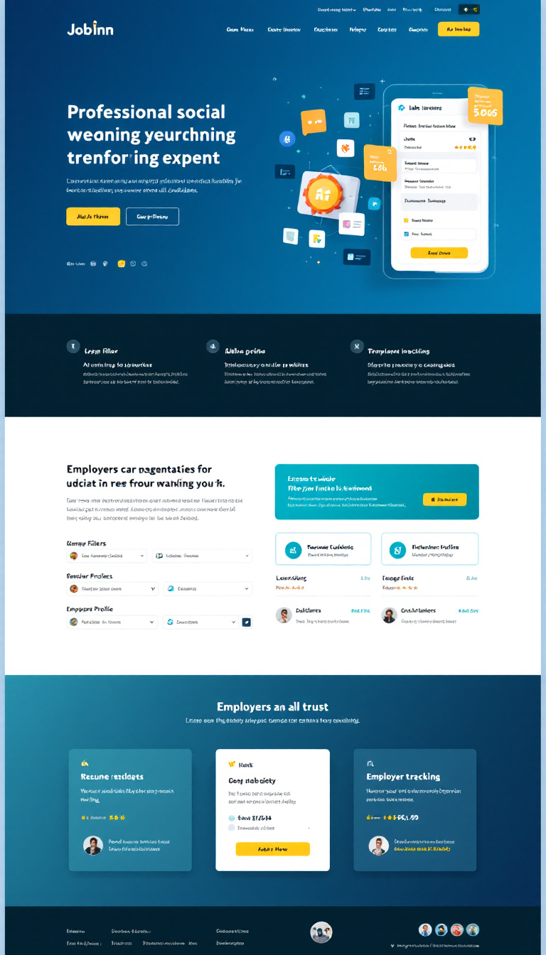 Design a one-page website for 'JobInn', a professional social job-searching platform. The site should highlight its unique feature requiring employers to update and provide feedback to all candidates. Focus on a clean, modern layout that fosters trust, with sections for job filters, resume uploads, employer profiles, and applicant tracking, targeting freelancers, students, and professionals across diverse industries.
