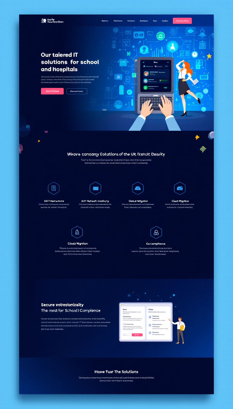 Create a one-page website for a company offering tailored IT solutions for schools and hospitals. Highlight services like 24/7 network monitoring, data protection, cloud migration, and compliance, along with a focus on securing sensitive information and minimizing downtime.