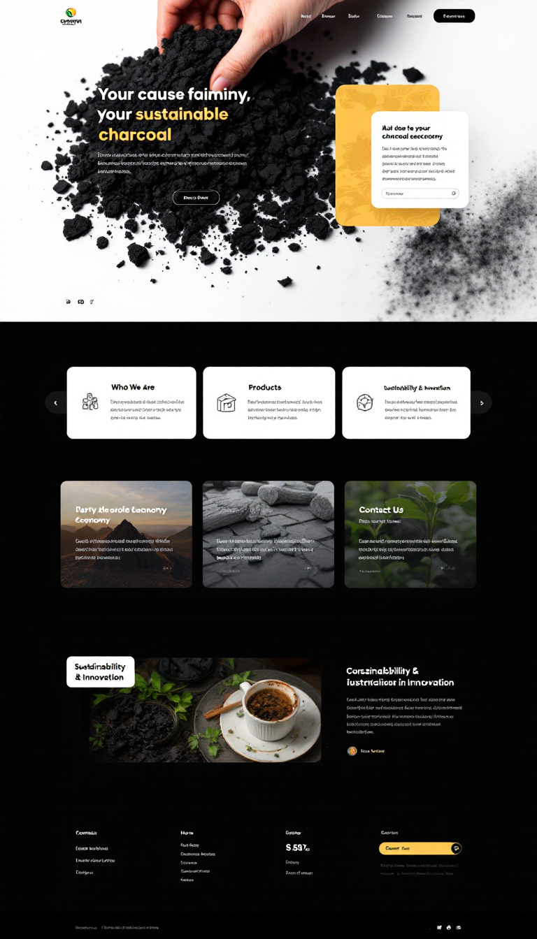 Create a simple one-page website for a sustainable charcoal product, featuring sections like "Who We Are," "Products," "Sustainability & Innovation," and "Contact Us." Emphasize a clean design that reflects a commitment to the green economy.